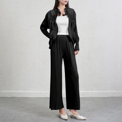 Pleated Floral Bud Cardigan and Wide-Leg Pants Set – Elegant Two-Piece Outfit