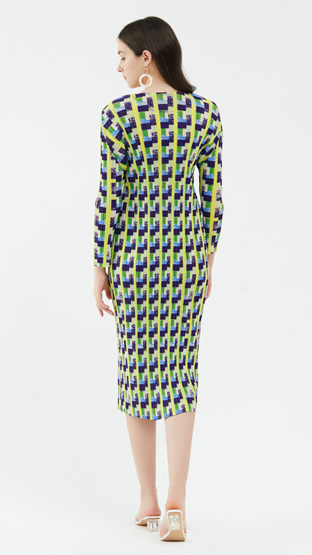 Pleated Houndstooth Dress – Long Sleeve Elegant Women’s Style