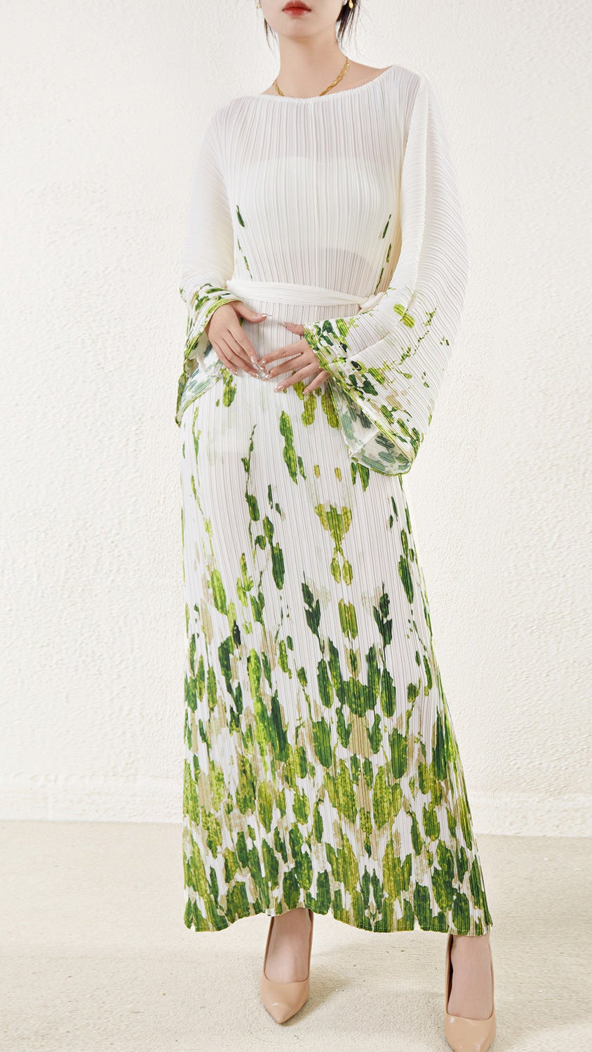 Pleated Printed Lace-Up Straight Dress – Elegant and Modern Women’s Style