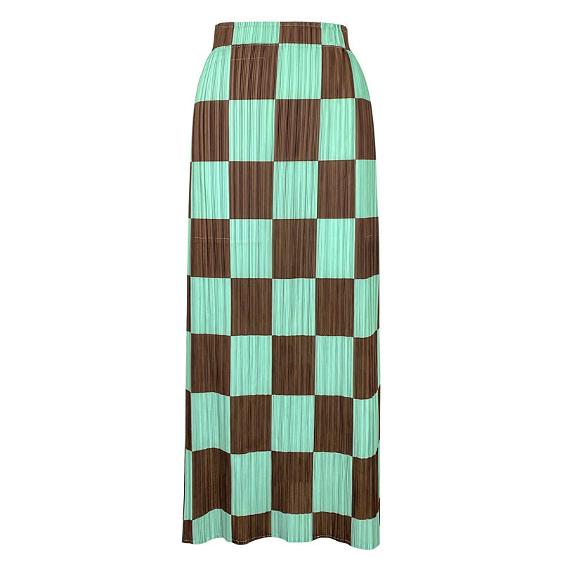 Pleated Checkerboard A-Line Skirt – Slim Hip Elegant Women’s Style