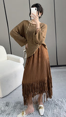 Women’s Fall Pleated Midi Skirt – Fringe Detail High-End Style