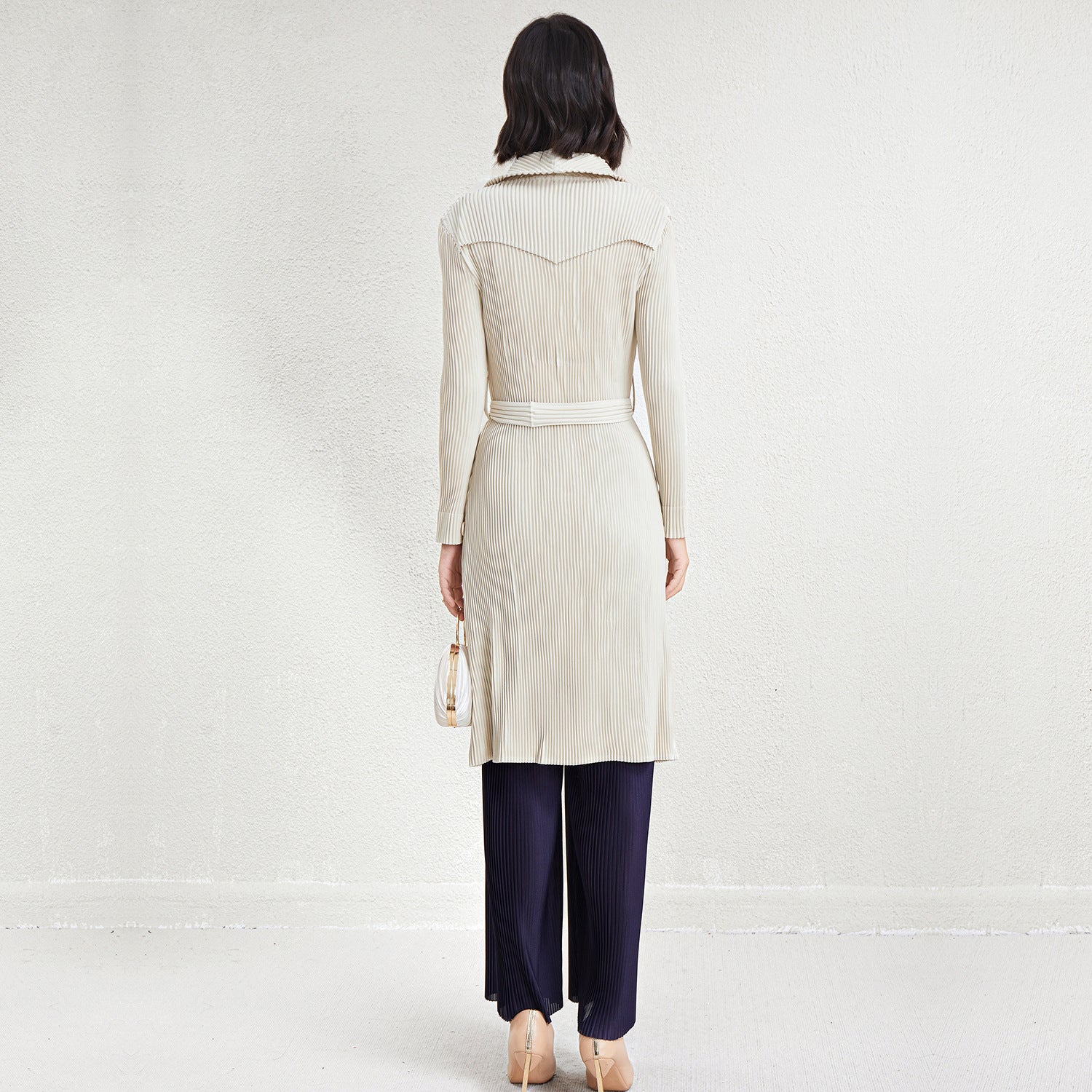 Pleated A-Line Mid-Length Trench Coat – Lace-Up Waist Women’s Outerwear