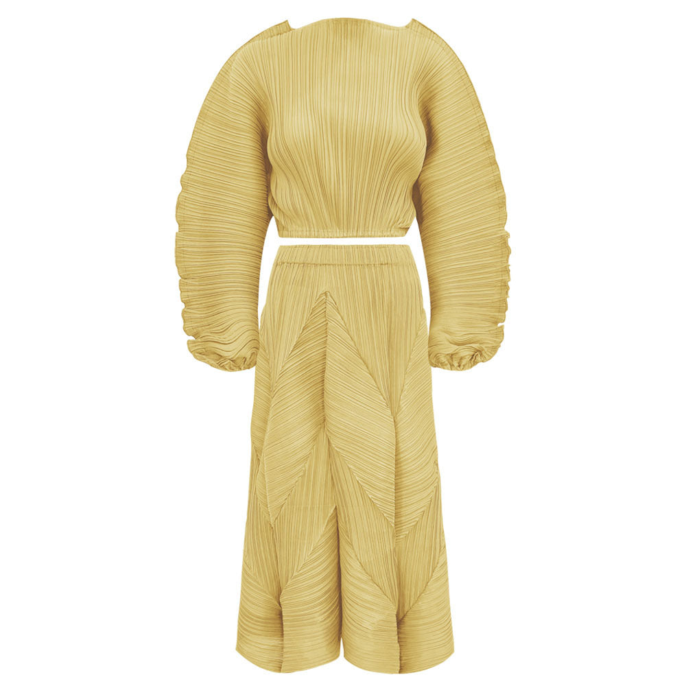 Pleated Short Top and Bubble Skirt Set – Stylish Two-Piece Women’s Outfit