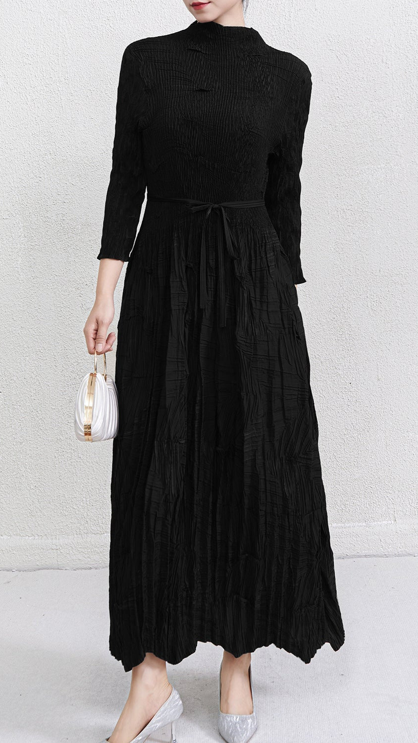 2025 Fall Winter Pleated Plus-Size Maxi Dress – Lace-Up Waist, Irregular Hem, Elegant Casual Style