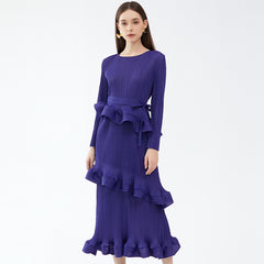 Pleated Ruffled Lace-Up Midi Dress – Slim Long Sleeve Women’s Style