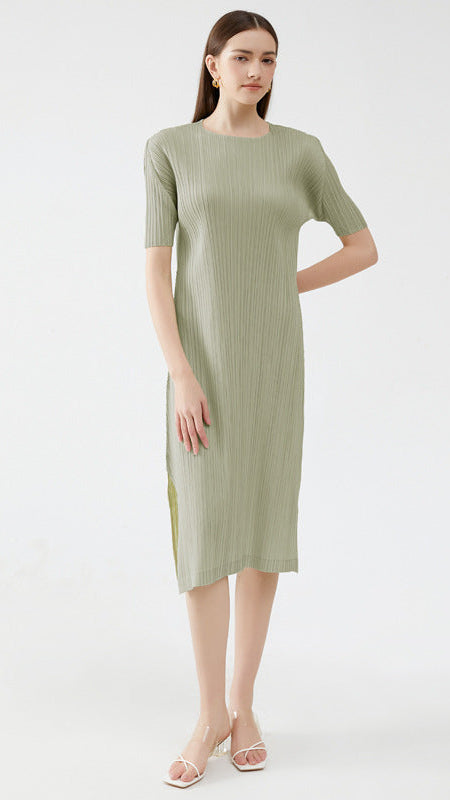 Pleated Solid Color Midi Dress – Short Sleeve Slim A-Line Style
