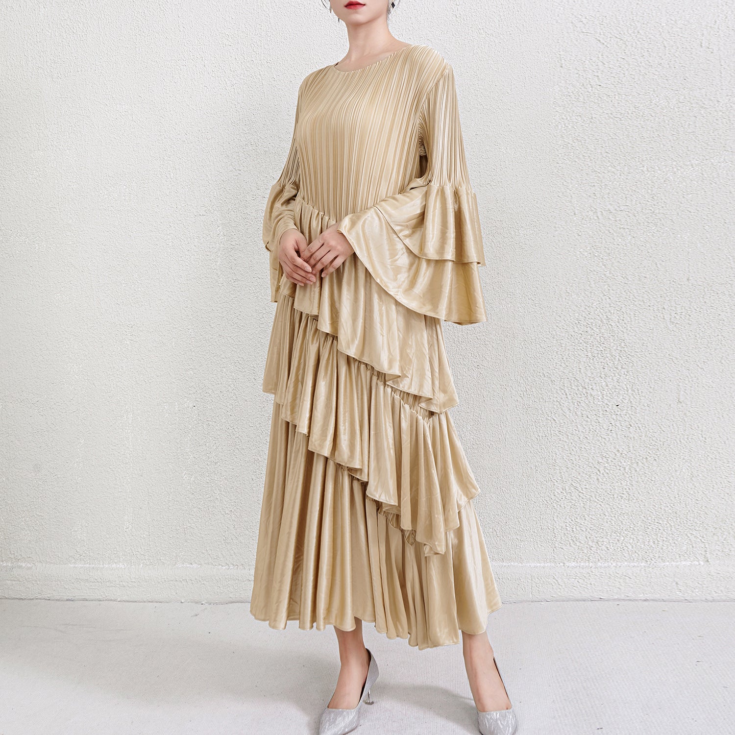 Pleats Please French Pleated Dress – Elegant Autumn Winter Banquet Outfit