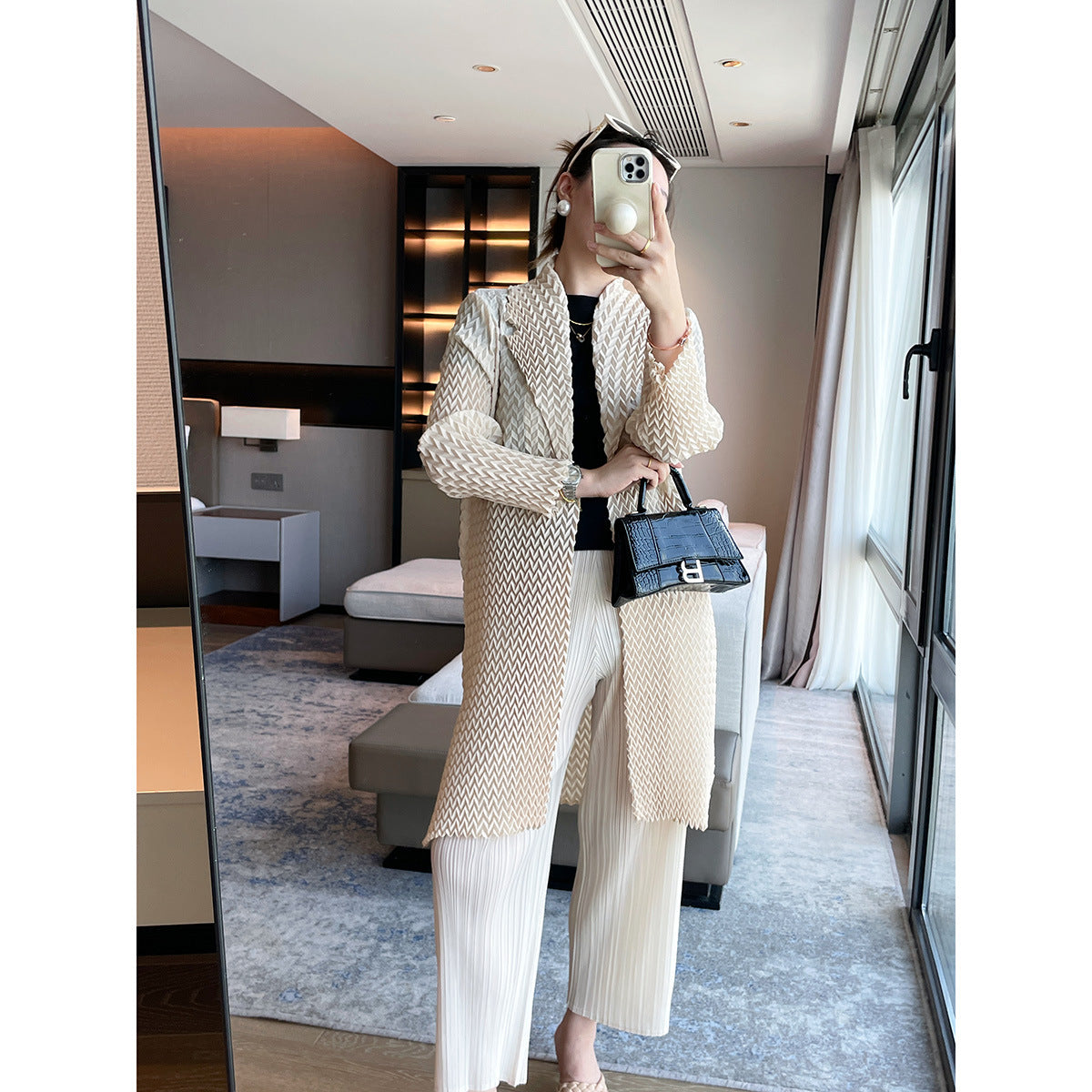 2025 Fall Winter Pleated Trench Coat – Lapel Mid-Length Versatile Jacket for Women