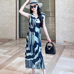 Retro design long contrast dress Miyake summer 2025 female slimming crew neck sleeveless pleated skirt