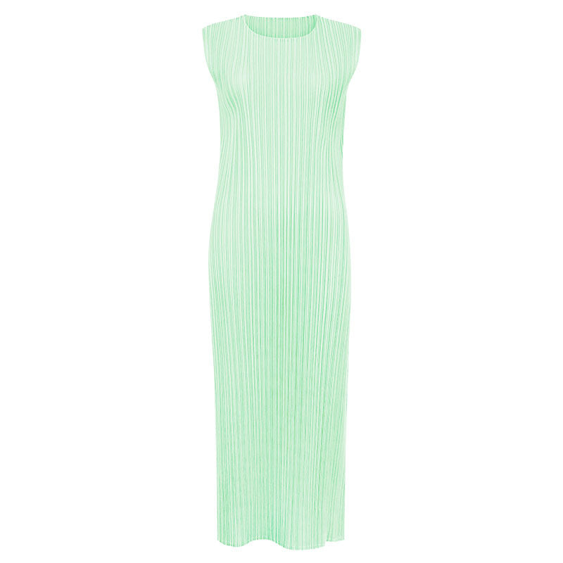 Japanese Style Sleeveless Pleated Dress – Round Neck Elegant Midi