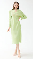 Pleated Polo Collar Dress – Long Sleeve A-Line Casual Style