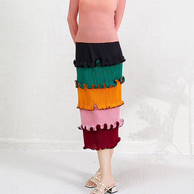 Pleats Please Colorful Striped Maxi Dress – Layered Pleated Long Style