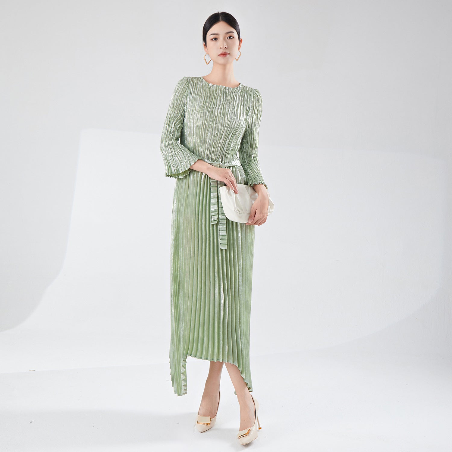 Pleats Please Irregular Bronzing Maxi Dress – Elegant Lace-Up Pleated Long Dress