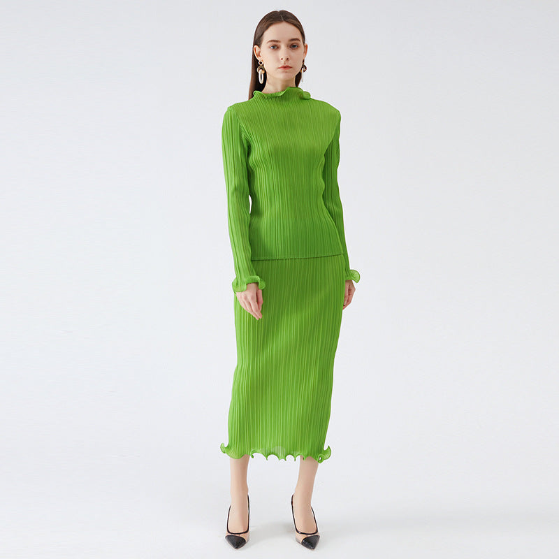 Pleats Please Green Skirt Suit – Fresh Pleated A-Line Two-Piece Set