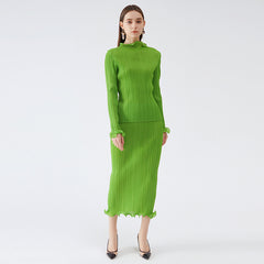 Pleats Please Green Skirt Suit – Fresh Pleated A-Line Two-Piece Set
