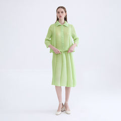 Pleated Two-Piece Set – Buttoned Cardigan Top and Puffy Skirt