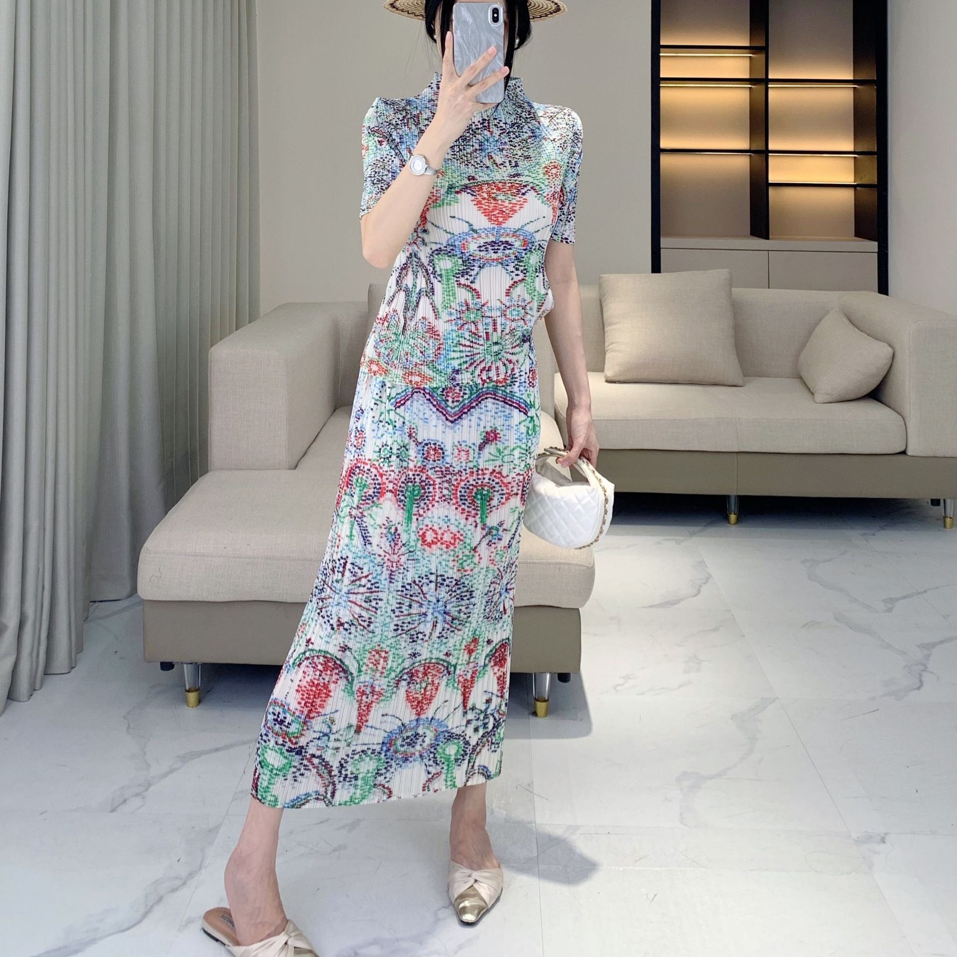 Issey Miyake Pleats Please Style 復古印花修身兩件套