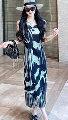 Retro design long contrast dress Miyake summer 2025 female slimming crew neck sleeveless pleated skirt