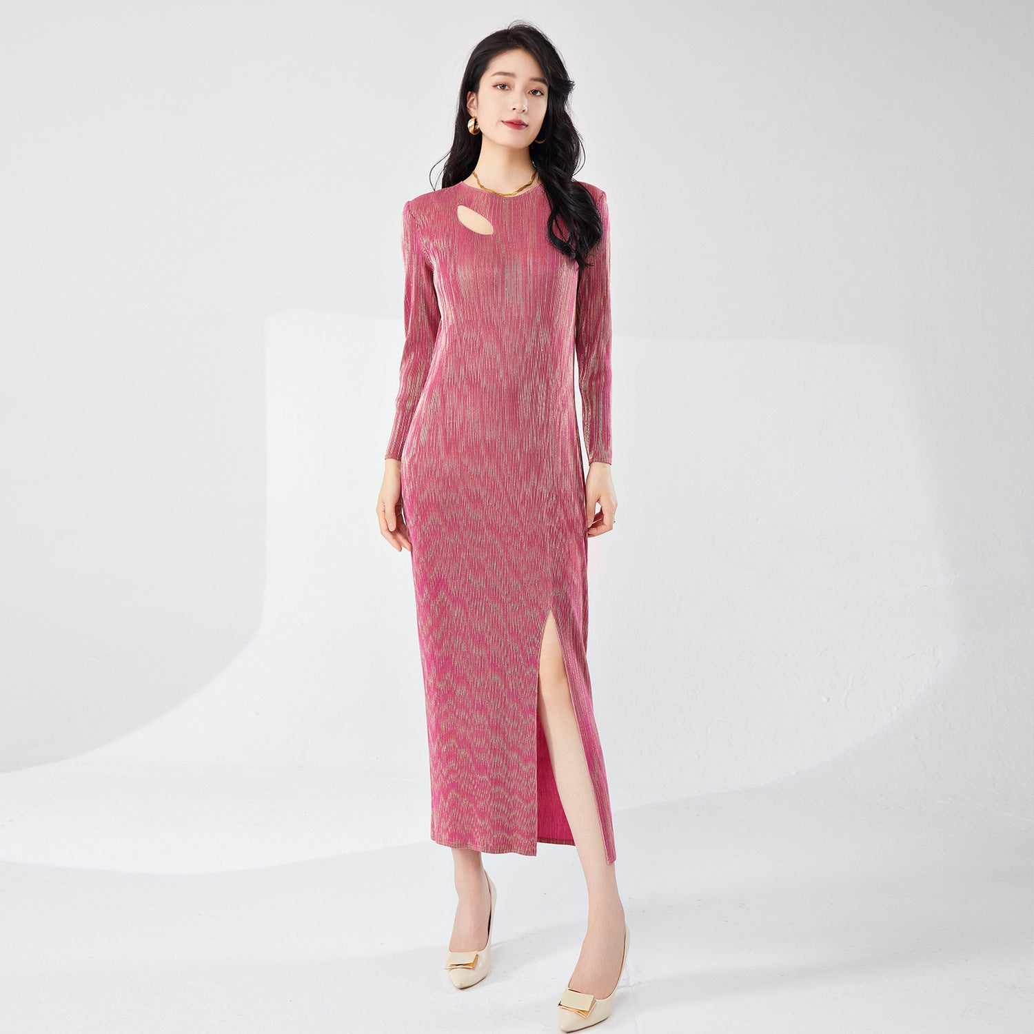 Pleats Please Bronzing Maxi Dress – Elegant Long-Sleeve Pleated Evening Style