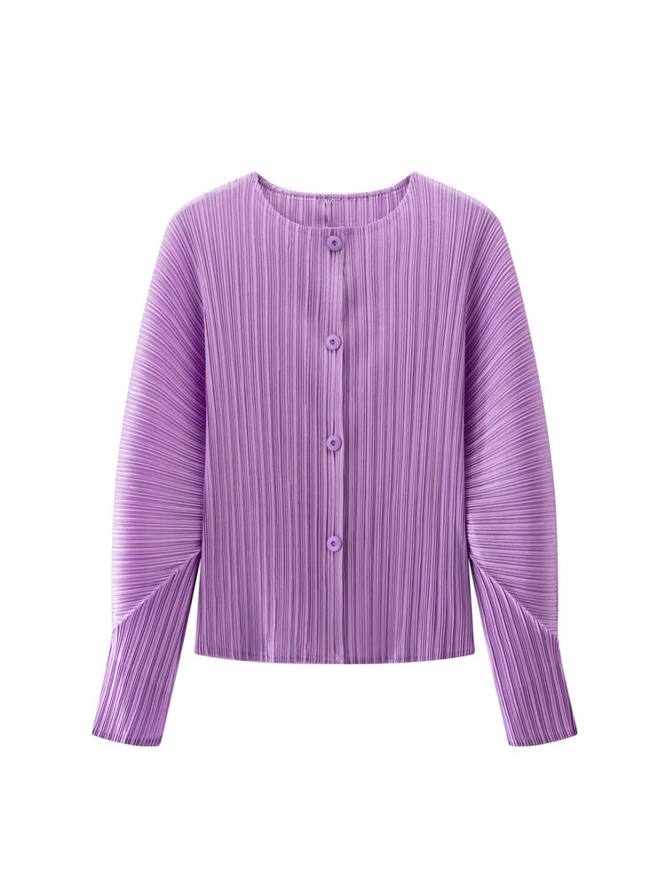 Women’s Spring Pleated Cardigan – Solid Color Round Neck Short Jacket