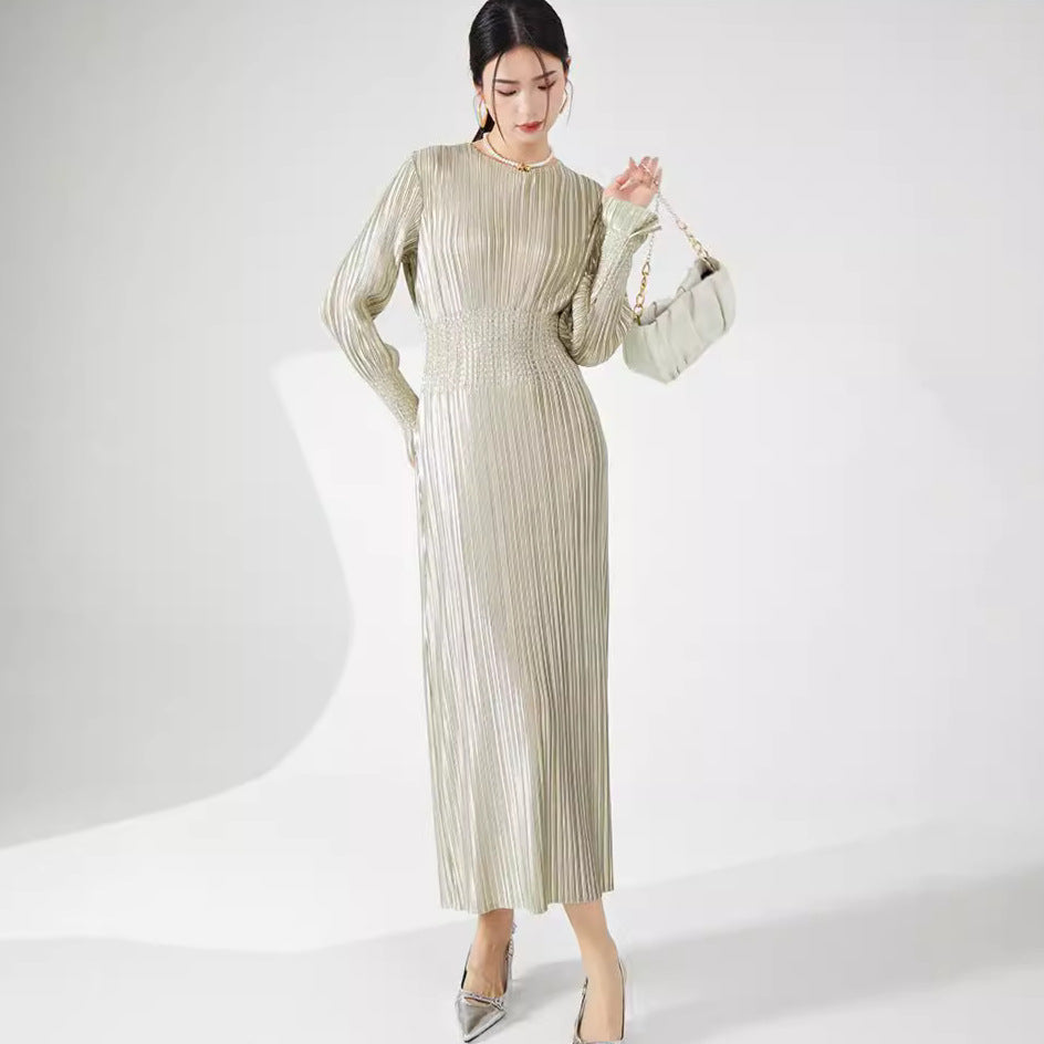 Pleats Please Long-Sleeve Bronzing Dress – Elegant Pleated Autumn Maxi