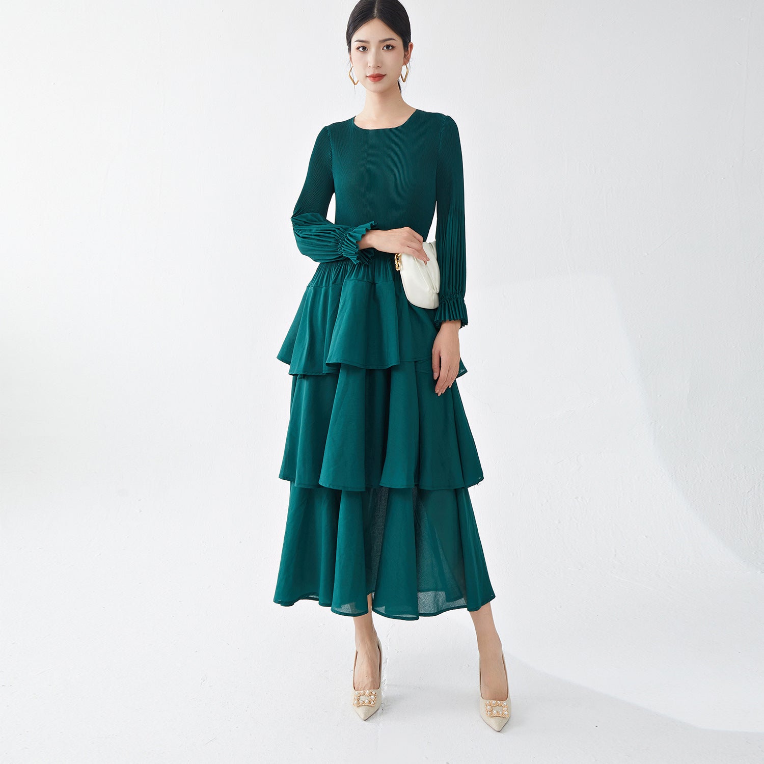 Pleats Please Long-Sleeve A-Line Dress – Elegant Layered Cake Pleated Maxi