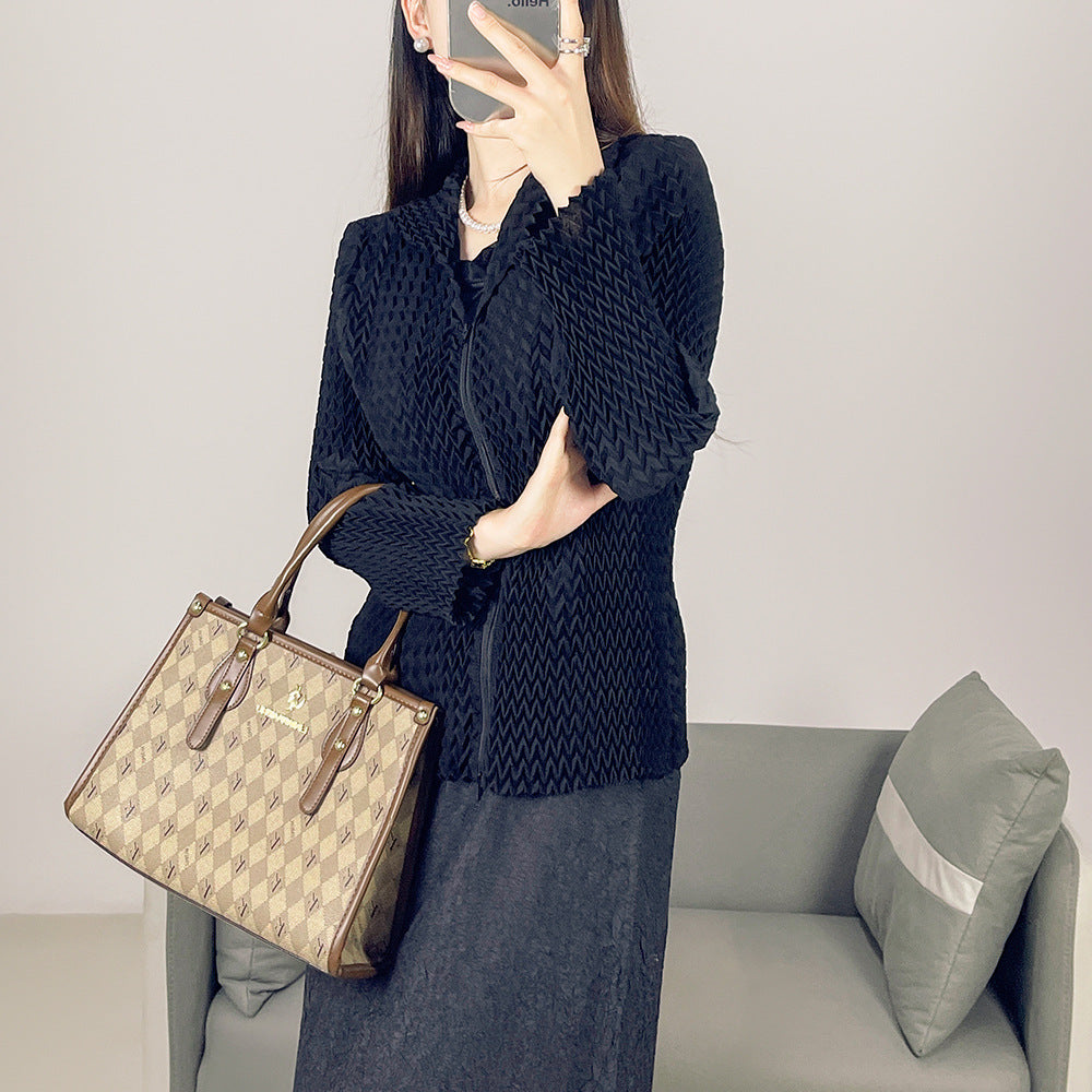 2025 Fall Winter High-End Pleated Wavy Jacket – Solid Color Lapel, Long Sleeve Zipper Cardigan for Women