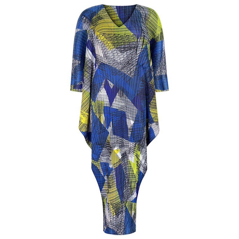 Pleated Printed Maxi Dress – Elegant Long High-End Women’s Style