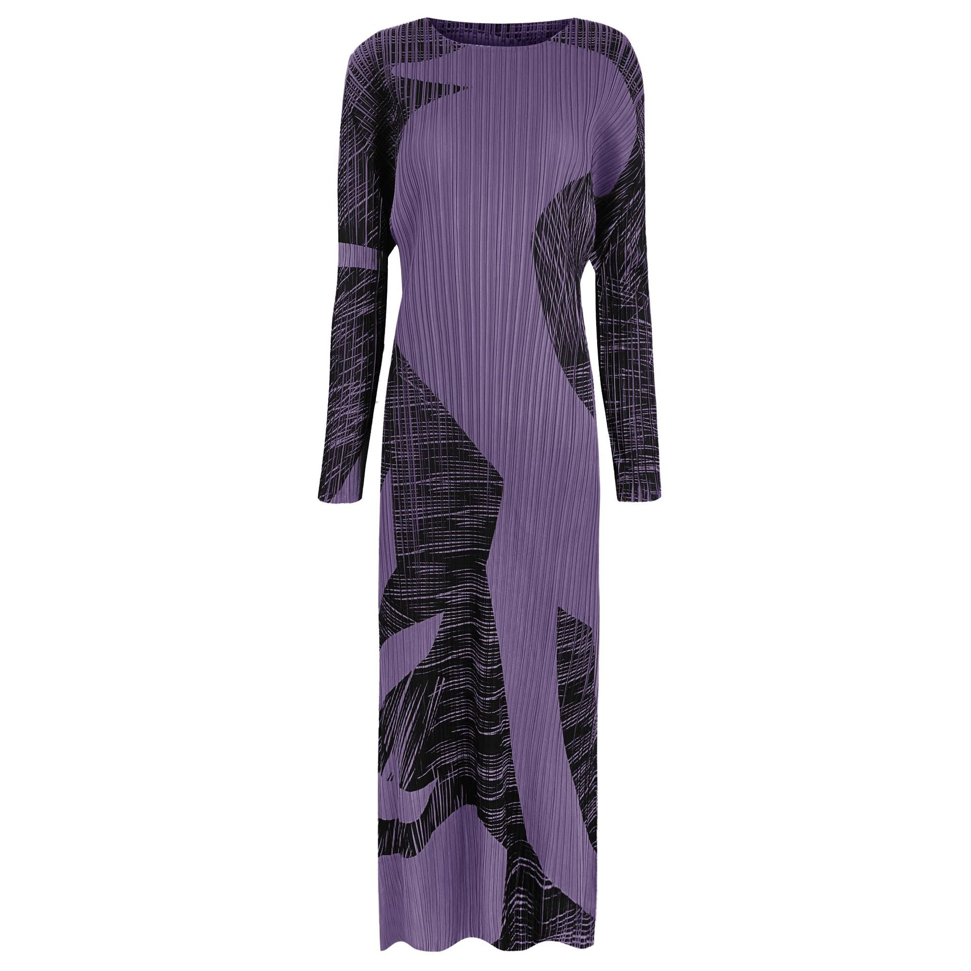 Pleated Gentle Print A-Line Dress – Slim Long Sleeve Elegant Style