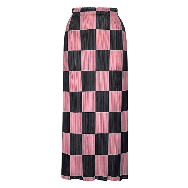 Pleated Checkerboard A-Line Skirt – Slim Hip Elegant Women’s Style