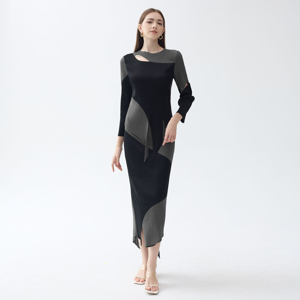 Personalized contrasting pleated suit women's spring new high-end long-sleeved slim top irregular skirt