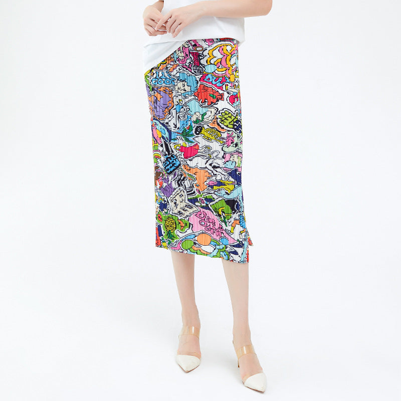 Pleated Graffiti Print A-Line Skirt – Slim Long Women’s Style