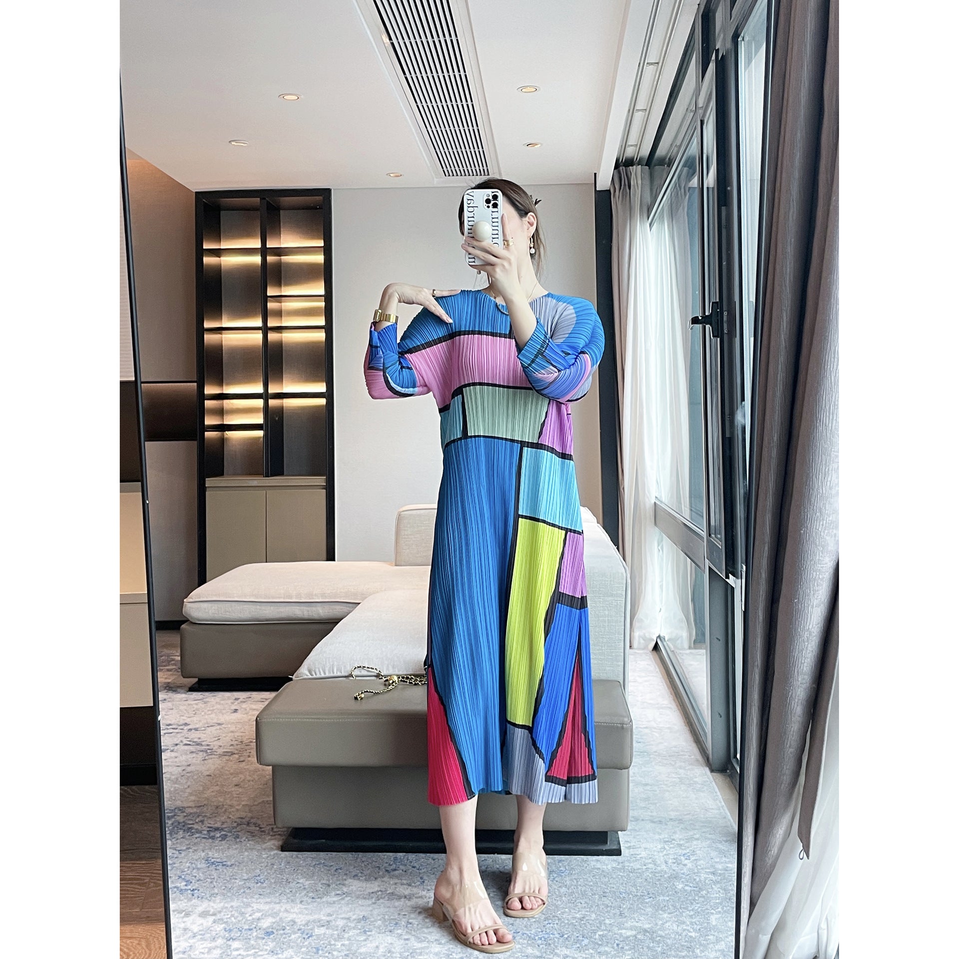 Women’s Spring Pleated Maxi Dress – High-End Plaid Print Slim Fit Crew Neck Style