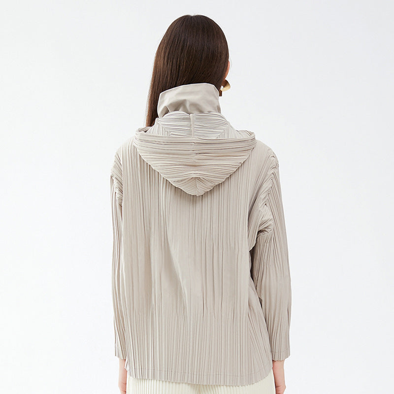 Pleats Please Short Trench Coat – Solid Color Pleated Jacket with Detachable Hood