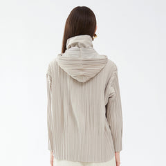 Pleats Please Short Trench Coat – Solid Color Pleated Jacket with Detachable Hood