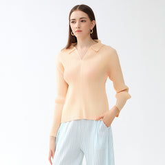 Pleated Polo Collar Top – Slim Fit Long Sleeve Casual Tee