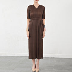 Pleats Please V-Neck Dress – Short-Sleeve Pleated Maxi, Loose Slimming Style