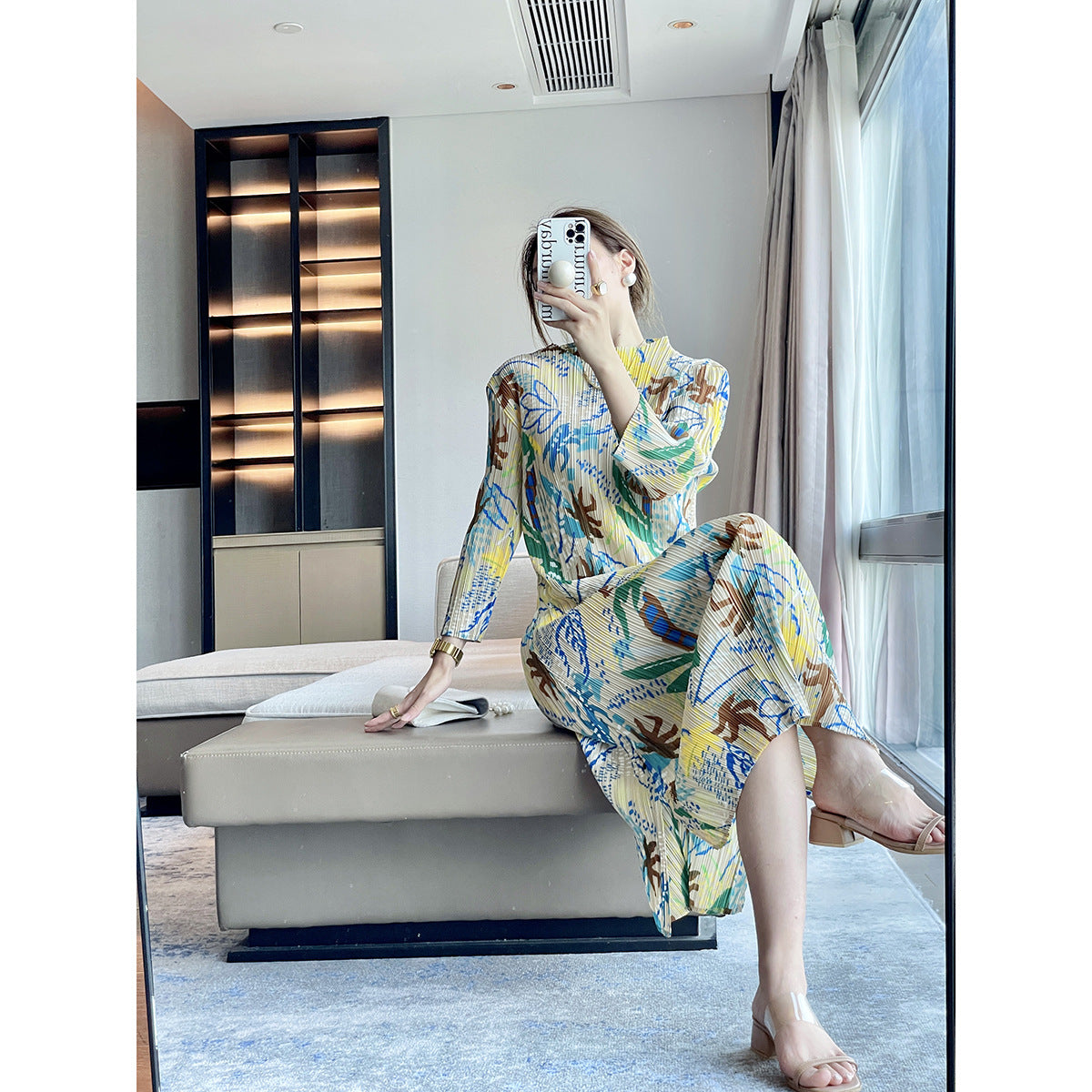2025 Fall Winter Pleated Jungle Print Dress – Elegant Slim Fit Midi Style for Women