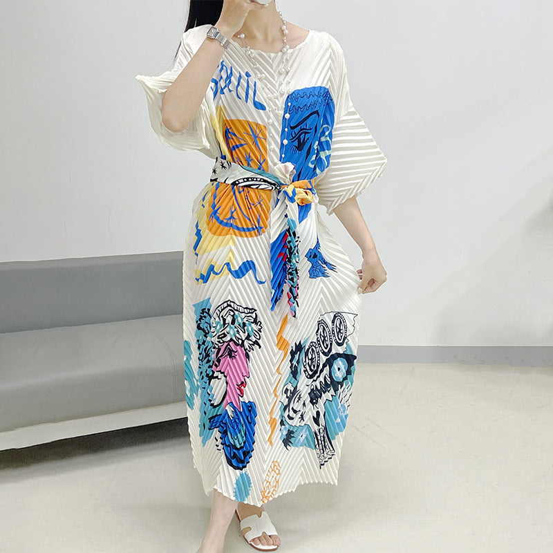 2025 Fall Winter Pleated Printed Maxi Dress – V-Fold Design, Elegant Casual Style for Women