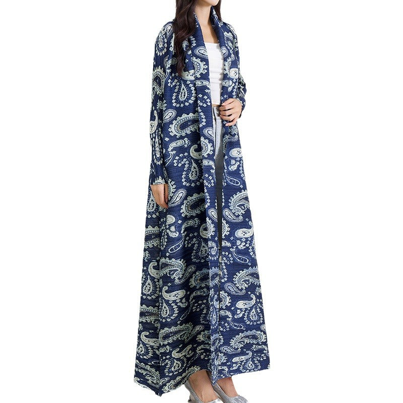 Pleats Please Printed Robe Dress – Long-Sleeve Pleated Maxi Cardigan Style