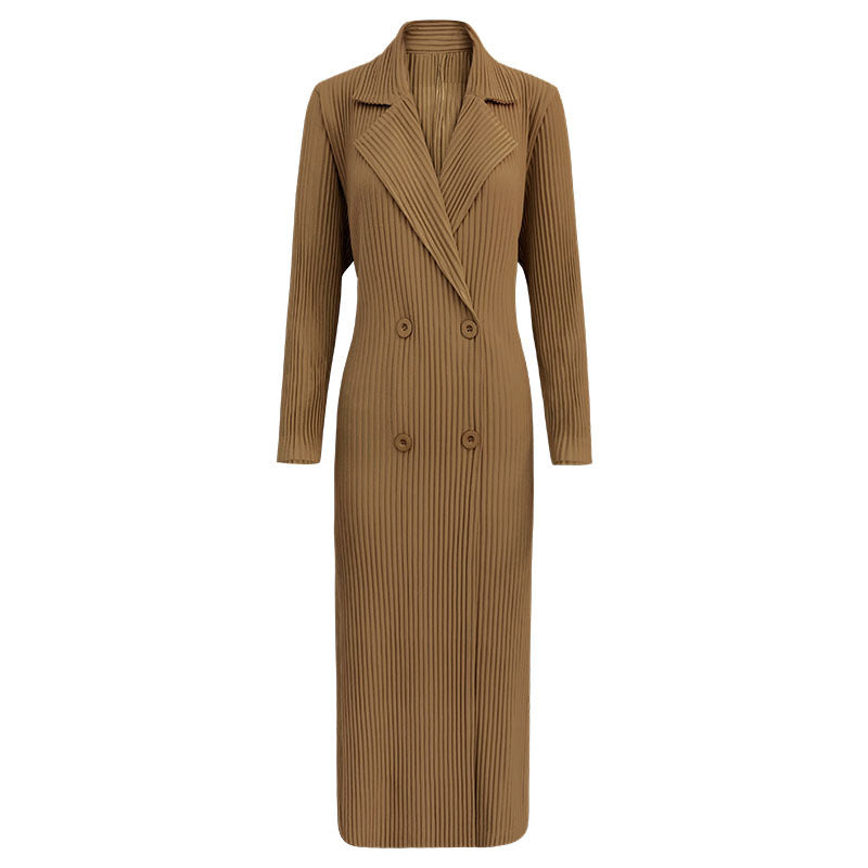 Pleated Double-Breasted Coat – Slim Suit Collar Long Sleeve Outerwear
