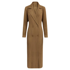 Pleated Double-Breasted Coat – Slim Suit Collar Long Sleeve Outerwear