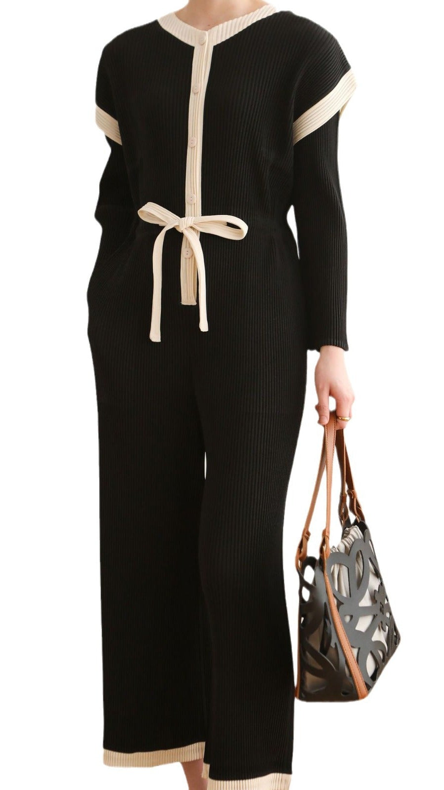 Pleated Color-Block Jumpsuit – Trendy Loose Fit, Casual Plus-Size Friendly Design
