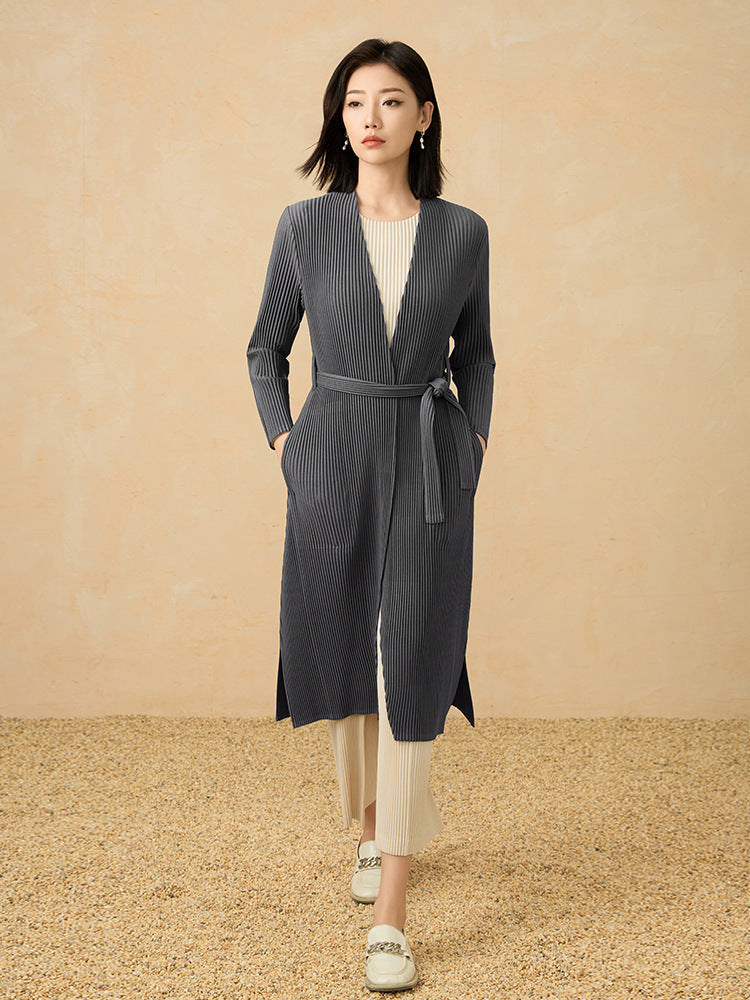 2025 Fall Pleated Long Trench Coat – Thick Fabric, Elegant Style, Lace-Up Mid-Length Jacket