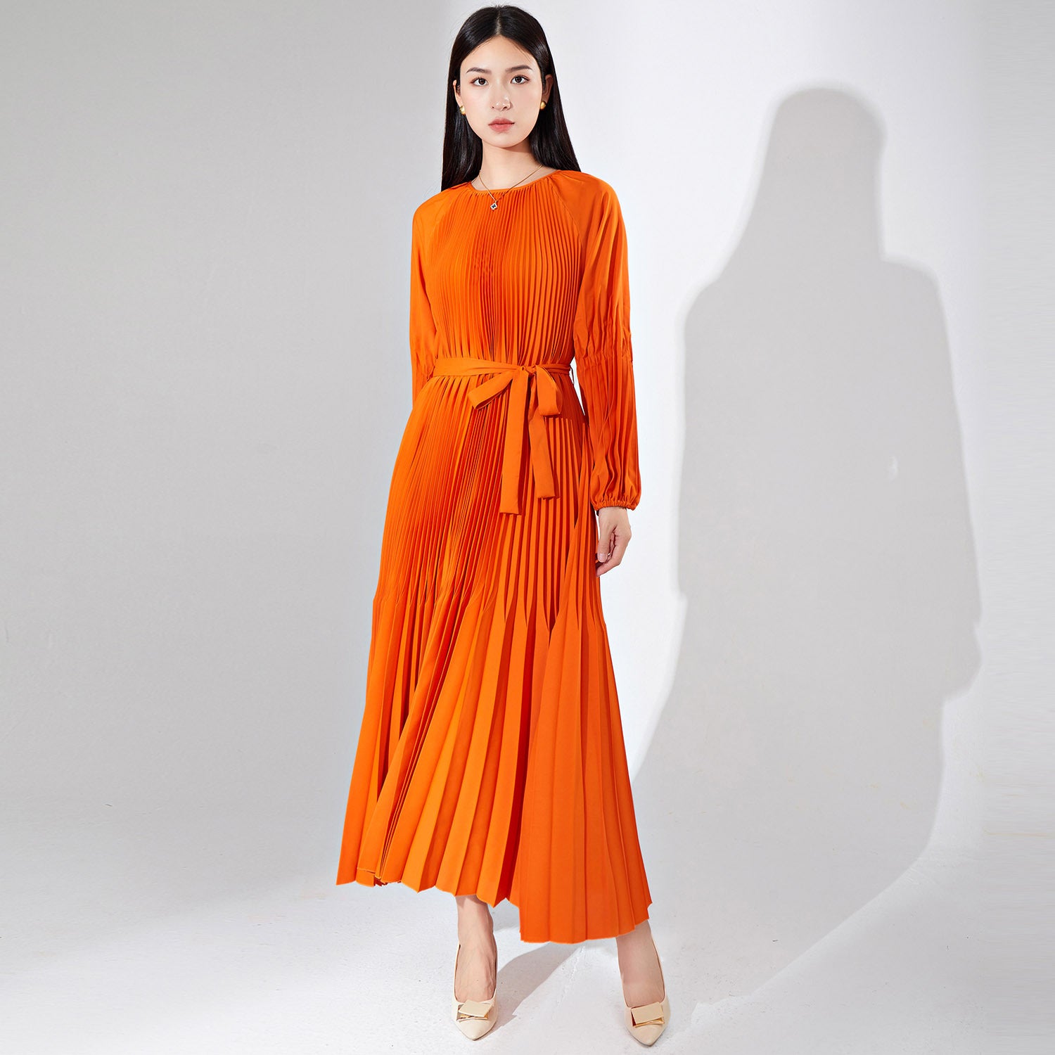 Pleats Please Solid Color Maxi Dress – Lace-Up Waist Elegant Pleated Long Dress