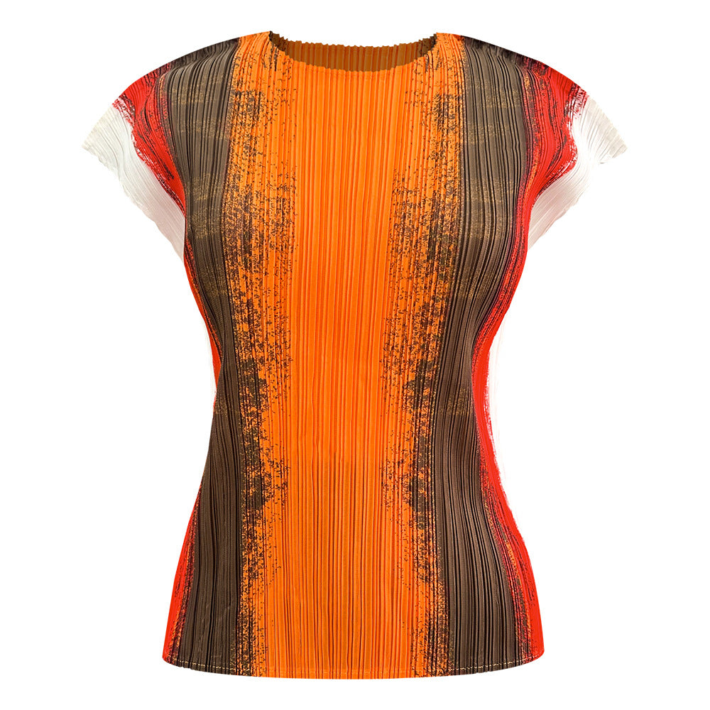 Printed Pleated Two-Piece Set – Sleeveless Top and High-Waist A-Line Skirt