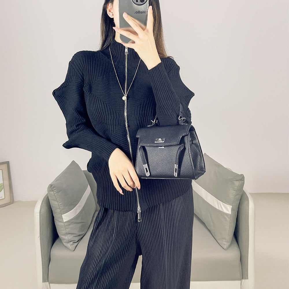 2025 Fall Winter Pleated Sweater Jacket – Zipper Cardigan, Casual Chic Knit Top for Women