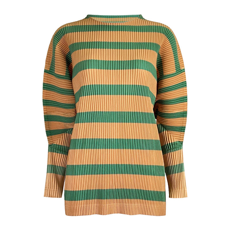 Pleated Striped Sweatshirt – Loose Long Sleeve Casual Women’s Top