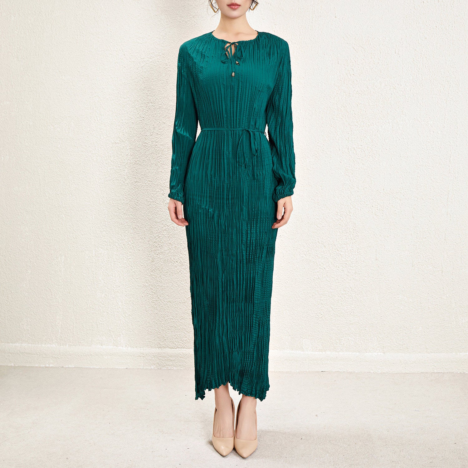 Pleats Please Irregular Pleated Dress – Long-Sleeve Cinched-Waist Elegant Style