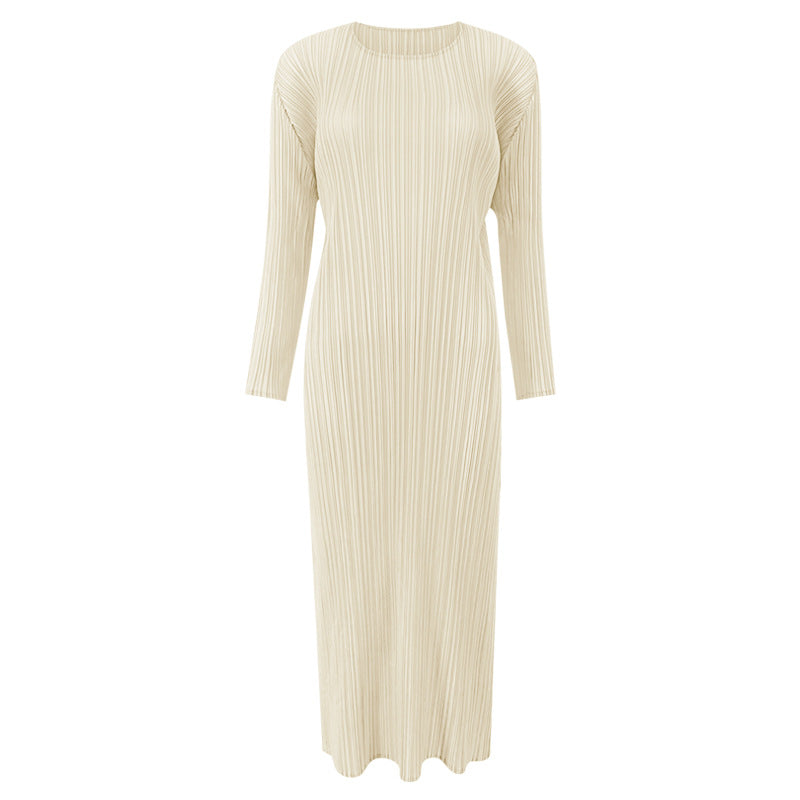 Pleated Solid Color Midi Dress – Slim Long Sleeve Slit Style